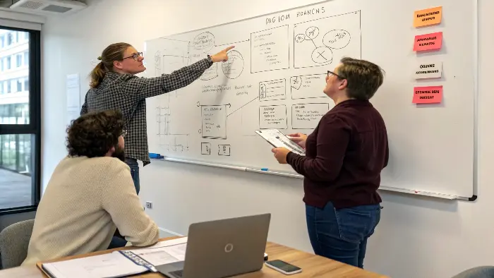 A quality inspector using calipers to measure a CNC part, with the drawing in the background.