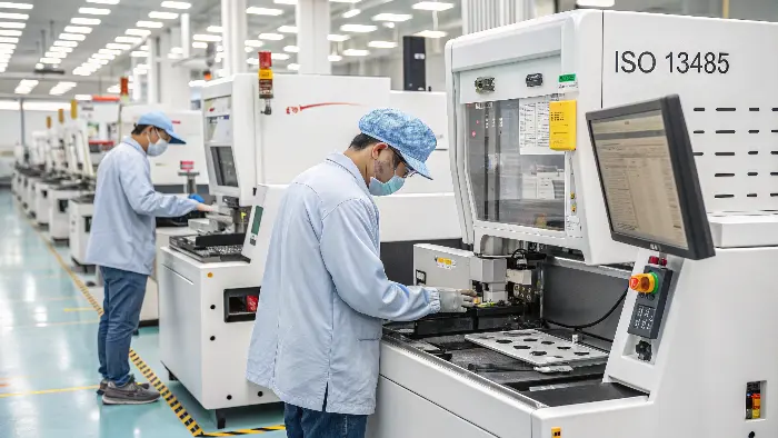 A CNC machine producing a complex medical implant component.
