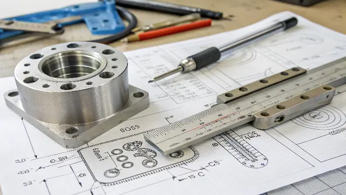 A CNC machined part being measured with a caliper, emphasizing precision.