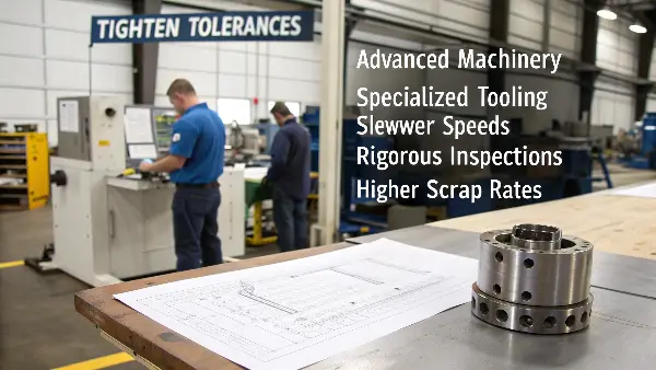 A CNC machine cutting a precise metal part, showing chips flying off.