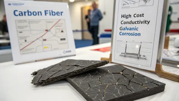 A cracked carbon fiber bicycle frame next to a dented aluminum one to illustrate brittleness