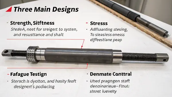 A diagram showing the concepts of strength, stiffness (deflection), and fatigue on a shaft.