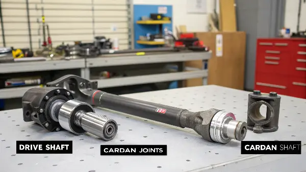 A close-up of a universal joint on a drive shaft, with a label pointing to it as a "Cardan Joint."