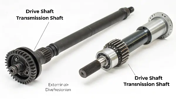 An exploded view of a car's powertrain showing the transmission shafts within the gearbox and the long drive shaft underneath.