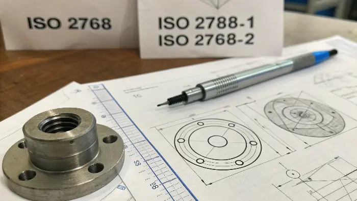 An engineering drawing with the ISO 2768-mK tolerance block highlighted.