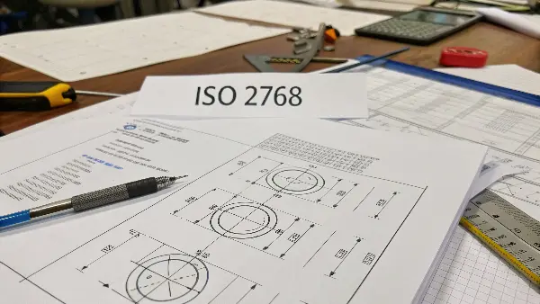 a technical drawing showing callouts for ISO 2768 general tolerances