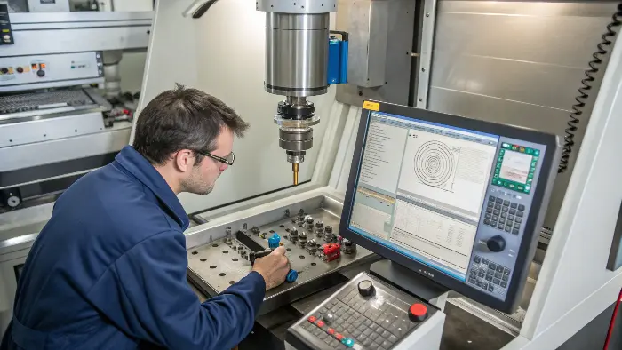 A quality control engineer using a CMM to inspect a finished CNC part.