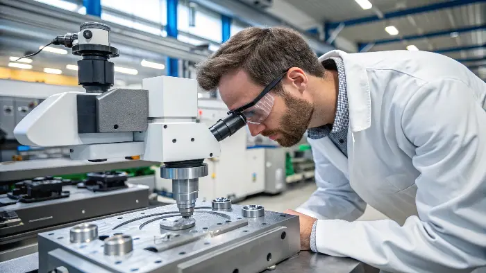 An intricate aerospace component or a medical implant being inspected with high-tech equipment.