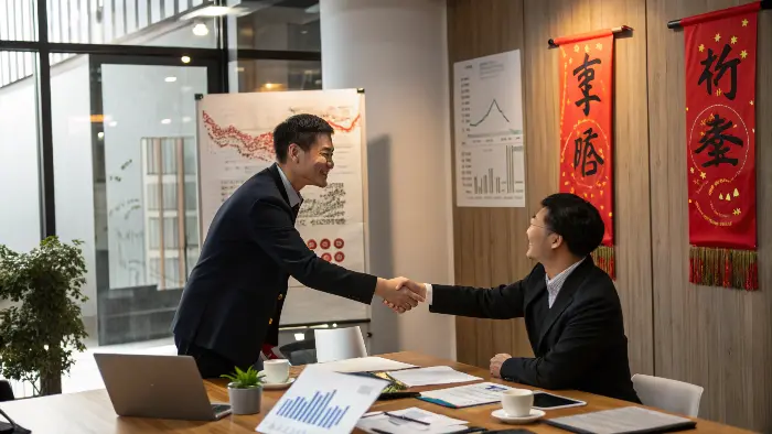 A project manager and a supplier sharing a friendly cup of tea.