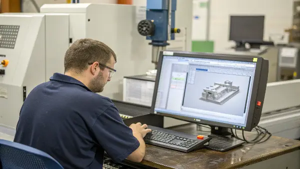 A CNC machinist at a computer workstation with CAD/CAM software open, planning toolpaths.