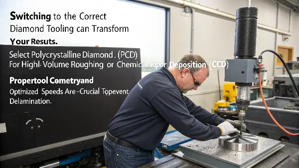 A close-up of a diamond-coated CNC tool cutting into a carbon fiber sheet