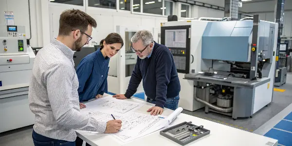 An engineer and a machinist reviewing a technical drawing together in a workshop.