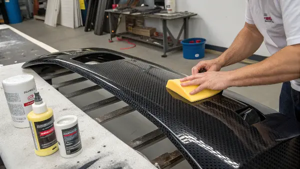 A collection of perfectly finished carbon fiber parts with glossy and matte surfaces.