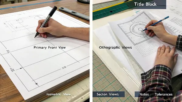 A drafter systematically adding dimensions and annotations to a technical drawing on a large monitor.
