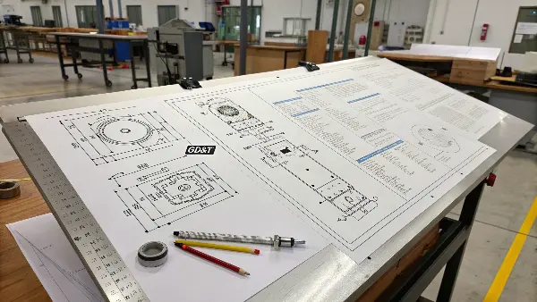 An engineer reviewing a detailed 2D technical drawing with callouts for dimensions and tolerances.