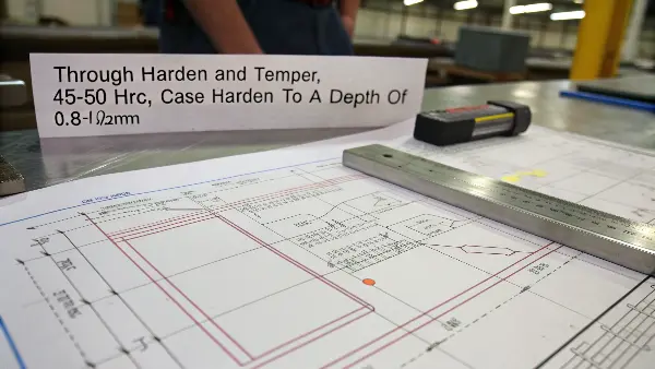 Detail view of a drawing's title block with a clear heat treatment note.
