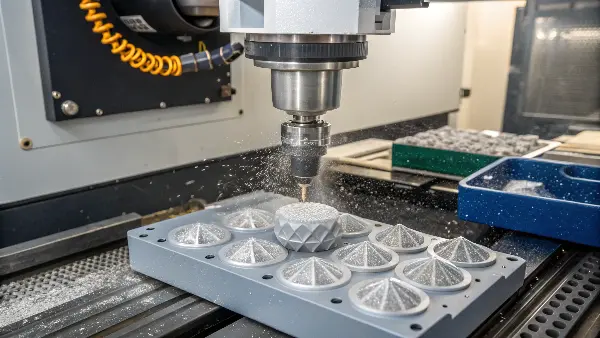 A close-up of a CNC machine cutting a carbon fiber medical component