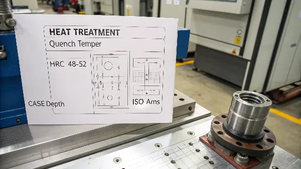 A CNC machining drawing with heat treatment specifications highlighted.