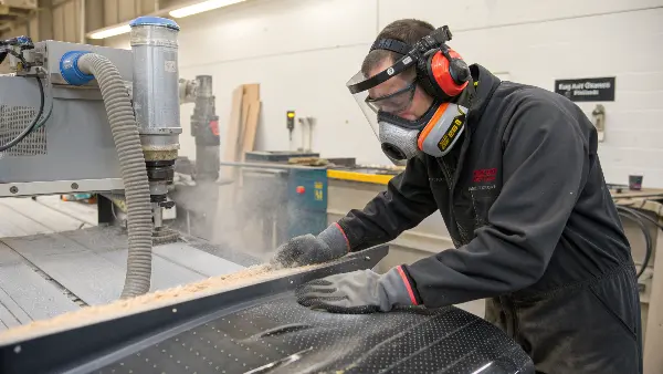 A close-up of carbon fiber dust on a surface next to a warning sign.