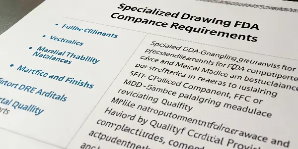 A close-up of a precision-machined medical device component next to engineering drawings.