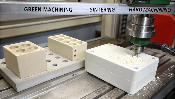 A CNC machine performing green machining on a ceramic part.