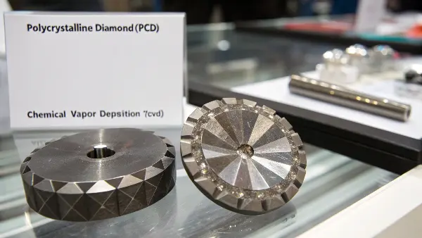 A side-by-side comparison of a PCD tool tip and a CVD diamond-coated tool