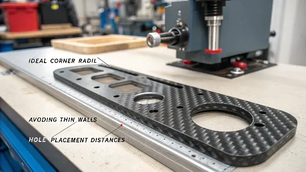 Diagram showing best practices for designing features in carbon fiber, like radii and hole spacing.