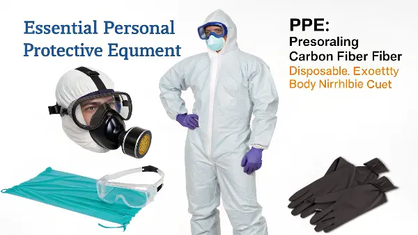 A worker fully suited in PPE, including coveralls, a respirator, goggles, and gloves.