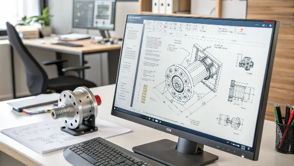 A computer screen displaying a complex 3D model in a CAD software environment like SolidWorks.