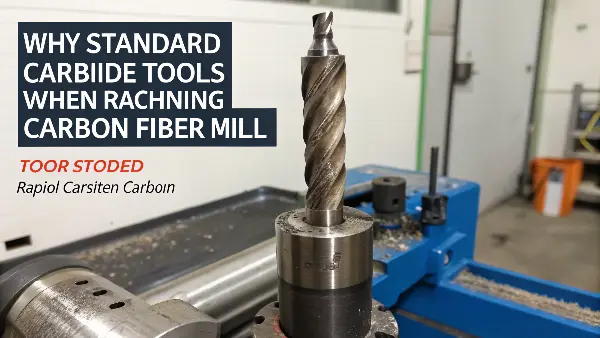 A worn and chipped carbide end mill next to a pristine carbon fiber part