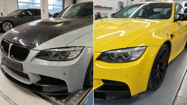 A technician spray-painting a clear coat onto a carbon fiber hood in a spray booth.