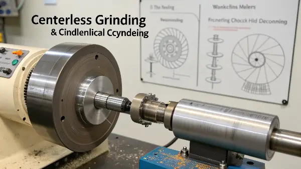 Cylindrical vs. Centerless Grinding Setup A comparison of a part being held in a cylindrical grinder versus a centerless grinder