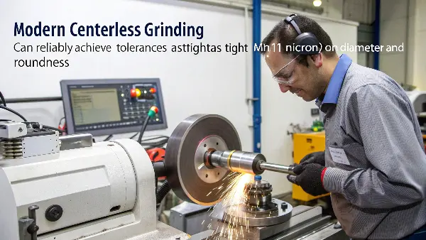 High-Accuracy Centerless Grinding Measurement A digital caliper measuring a finished ground pin with a reading showing tight tolerance