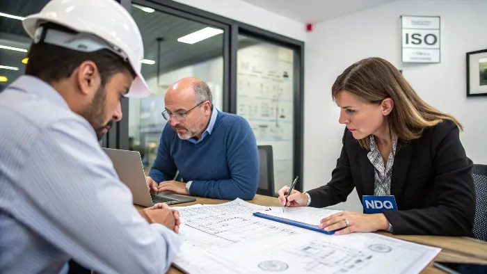 An engineer on a video call with a supplier, reviewing a 3D CAD model.
