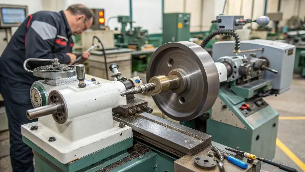 A high-precision through-feed centerless grinding machine in operation