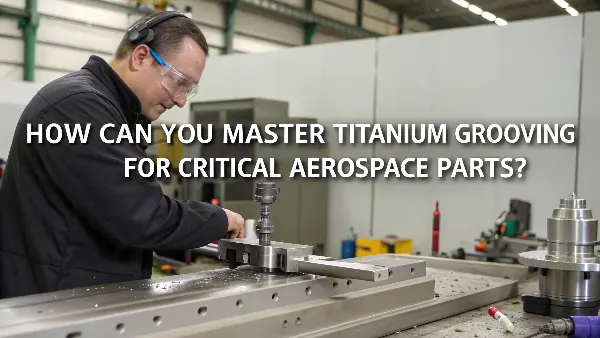 A CNC machine grooving a complex titanium aerospace component