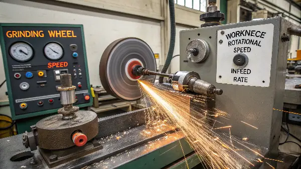 A control panel of a CNC grinding machine with various dials and readouts