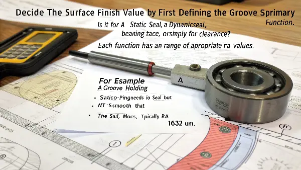 An engineer's drawing with surface finish symbols pointing to different grooves