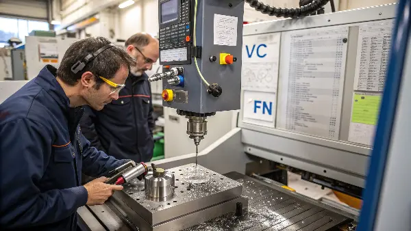 A CNC lathe machine performing a grooving operation on a metal workpiece