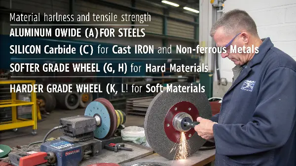 A chart matching workpiece materials to grinding wheel specifications.