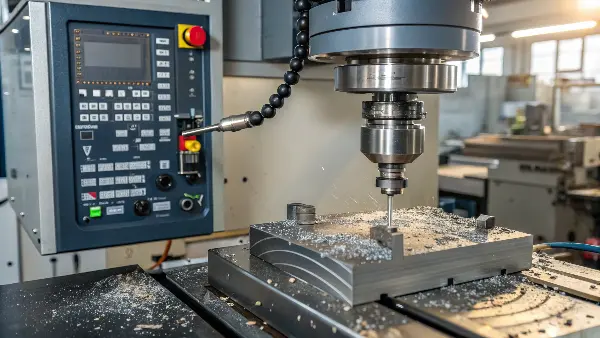 A close-up shot of a CNC spindle and cutting tool in motion