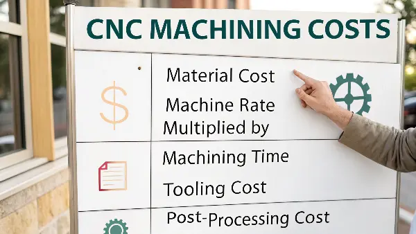 An engineer reviewing a cost breakdown sheet next to a CNC machine