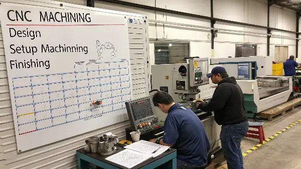 A CNC machine cutting a metal part, showing the process in action