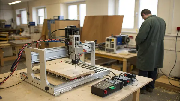 A person working on a small, desktop DIY CNC machine in a garage workshop
