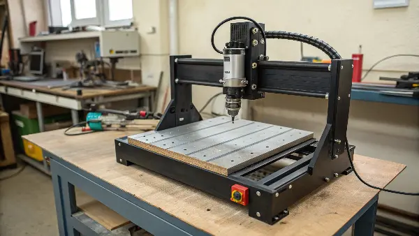 A compact but sturdy desktop CNC mill cutting a small steel block.