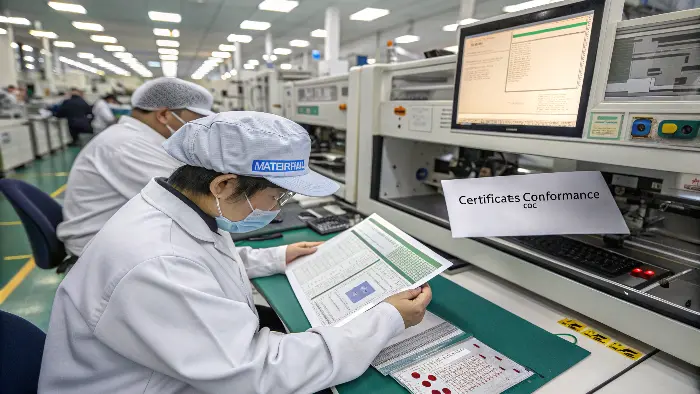 A stack of material certificates next to a CNC machined titanium part.