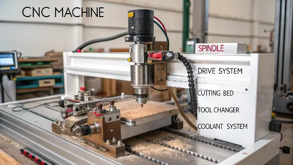 Diagram showing the major components of a 3-axis CNC milling machine