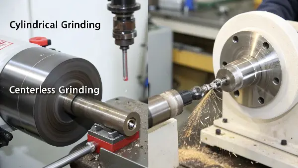 Cylindrical Grinding a Multi-Diameter Shaft A close-up shot of a cylindrical grinder working on a complex shaft