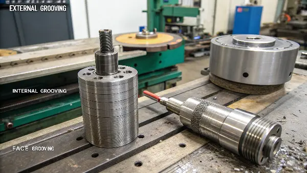 Diagram showing external, internal, and face grooving on a workpiece