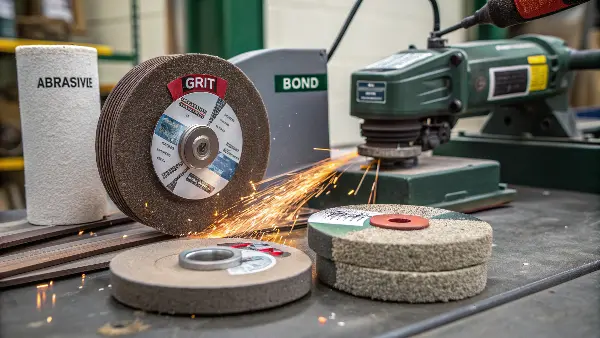 An infographic showing the four main factors: Grinding Wheel, Workpiece, Machine, Coolant